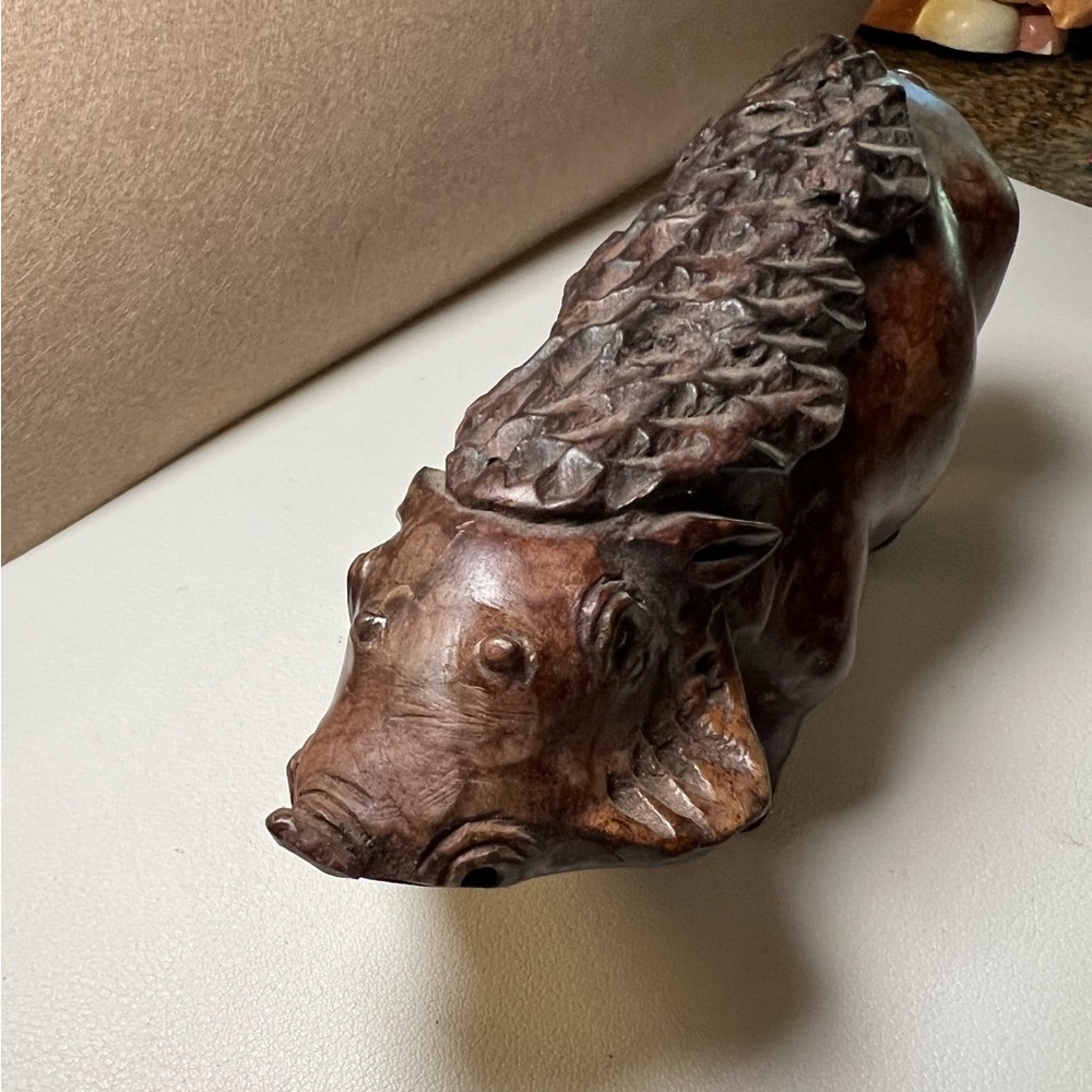 Vintage Hand-Carved Wooden Boar Figurine – Dark Hardwood, Rustic Folk Art, 6” - Picture 2 of 10